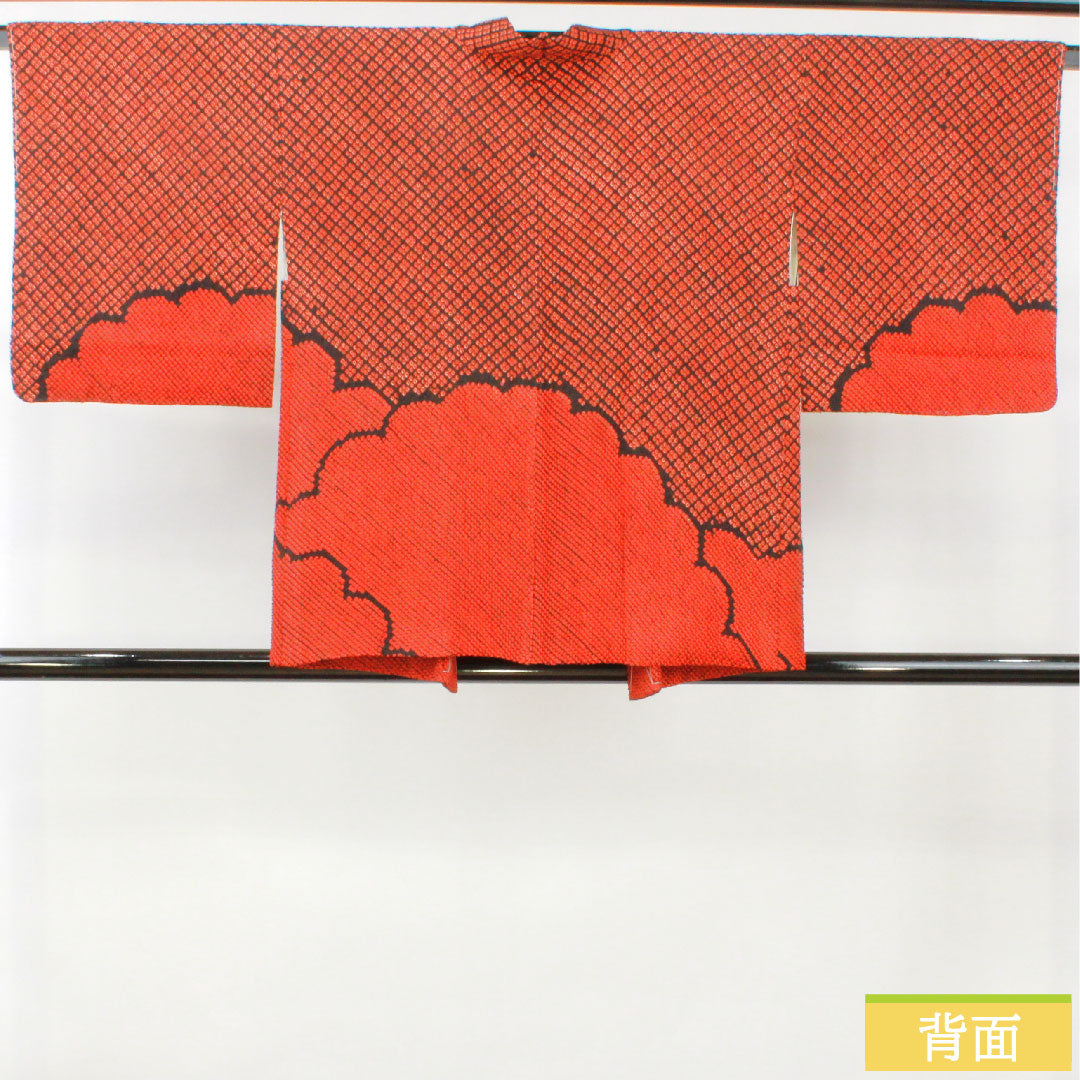 Haori (Japanese traditional coat) made of pure silk, length 75cm, sleeve length 65cm, scarlet, all-dyed, abstract pattern, with basting thread, S rank, lined, vermilion, 1117001052916