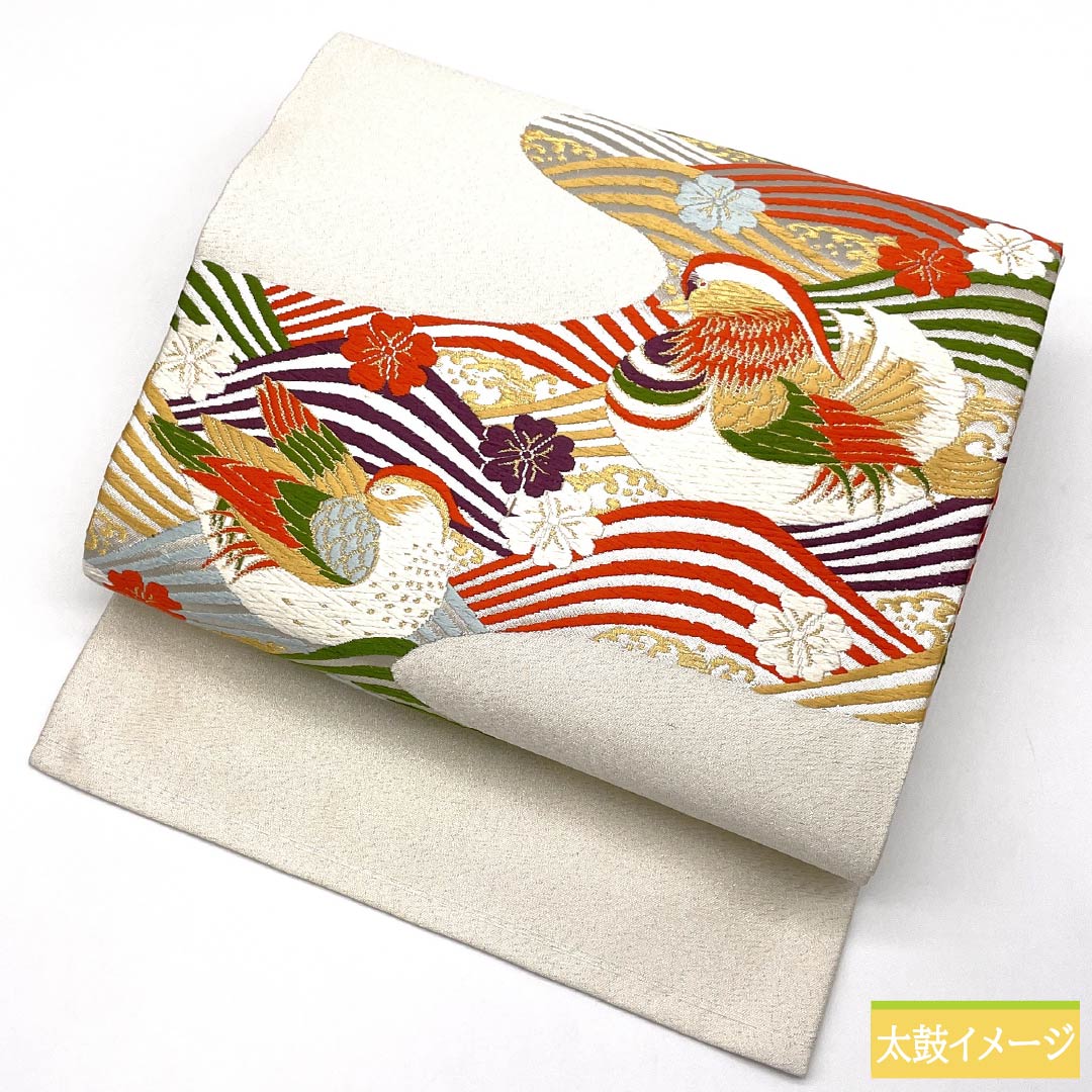 Nagoya Obi with a Mandarin and Cherry Blossom Design and Wave Pattern, Length 364cm, Pure Silk, A-Rank, Pointed Pattern, Silver, Semi-Formal, 1124008933322, Nagoya Style
