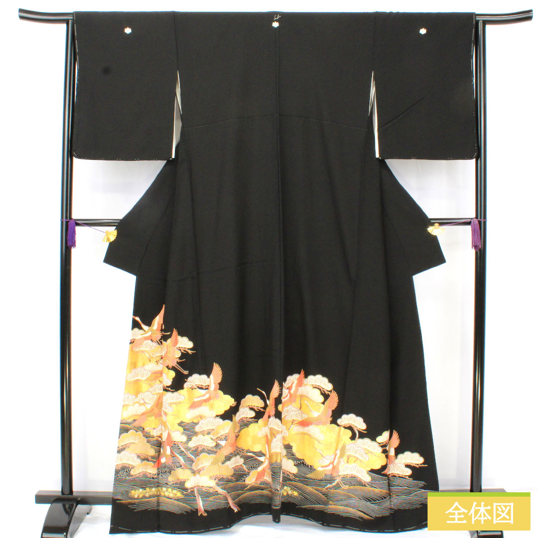 黒留袖 正絹 身丈162.5cm 裄丈64cm 袷 京友禅 鶴 松 作家物 五つ紋 五三桐 Aランク 黒系 1111001623410