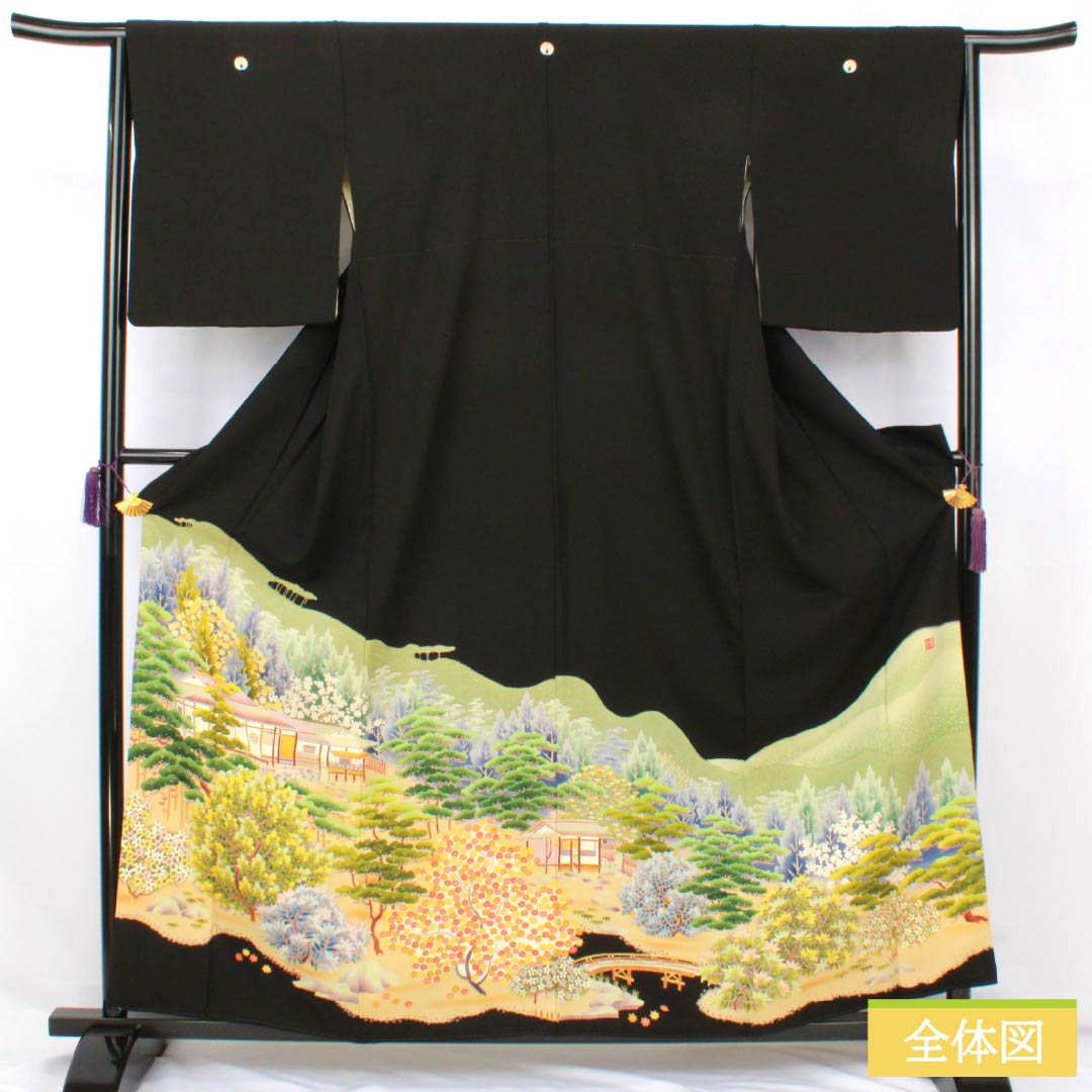 Black Tomesode (Tomesode) - Pure Silk, Grade A, Length 159cm, Sleeve Length 64.5cm, Lined, Kyoto Kaga Yuzen, Five Crests, Embracing Myoga Flower, Artist's Work, Landscape Pattern of Pine and Plum Blossoms, Five Crests, Black, Item Number 1111001963310
