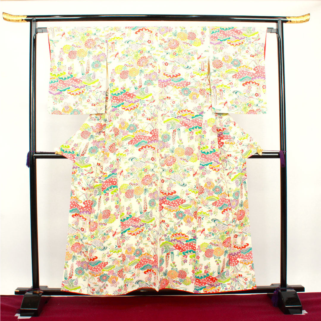 小紋 身丈156cm 裄丈62cm 袷  乳白色 型染 草花模様  正絹 Aランク 白系 1115002853311
