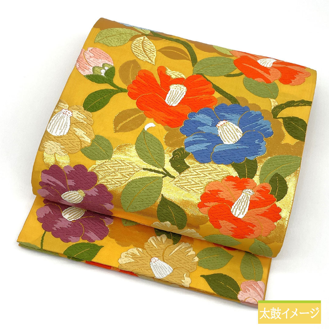 Formal, yellow-toned obi, pure silk, S-rank, Nishijin-ori (Karaori) weave, camellia pattern, length 424cm, six-pass, yellow, 1123017062323