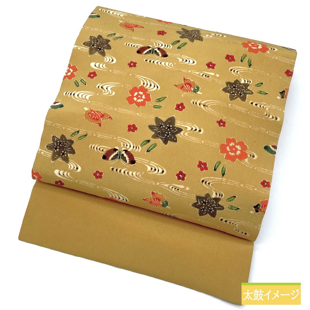 名古屋帯 土布色（トウプースーいろ） 京紅型 蝶 紅葉 帯丈352cm 正絹 Aランク 六通 カジュアル 黄系 1124006563323 名古屋仕立て