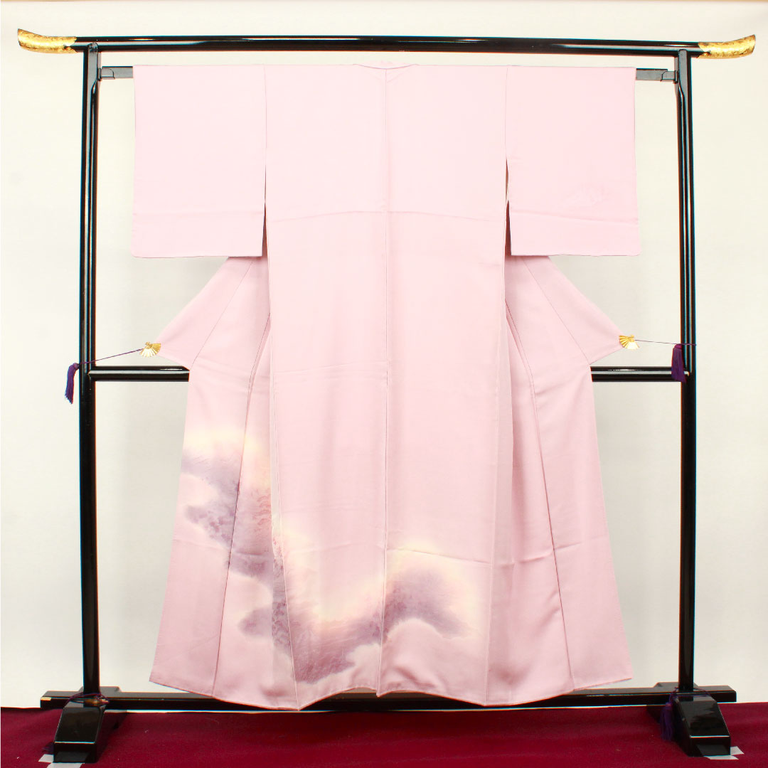 Homongi Awase, Length 153.5cm, Sleeve-to-shoulder 61.5cm, Obi-beni color, Landscape pattern, Gradation dyeing, Pure silk, S Rank, Pink系, 1112002202213