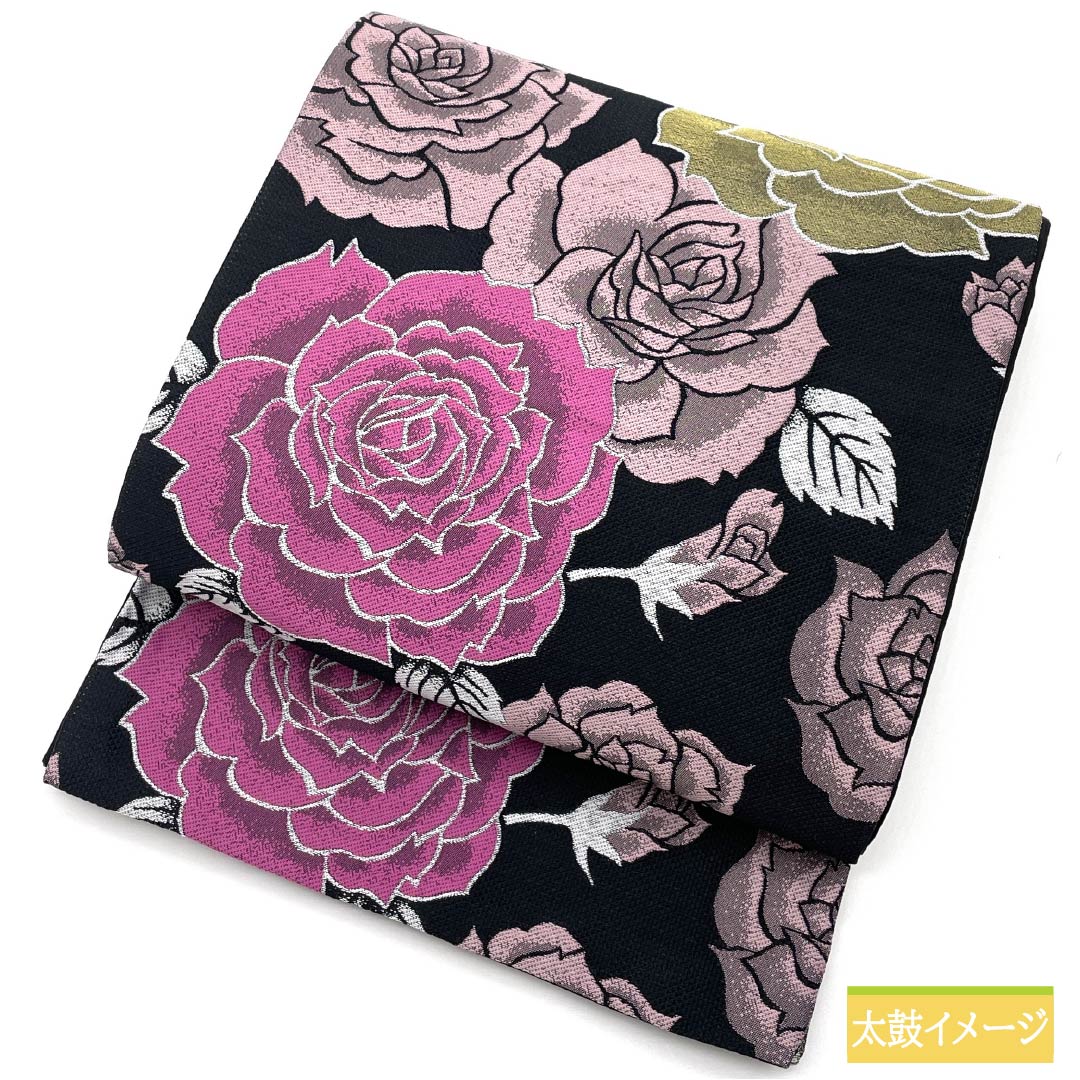 Polyester Fukuro Obi for Furisode, Rose, Length 484cm, S Rank, Full Length, Formal, Black, 1123013982410