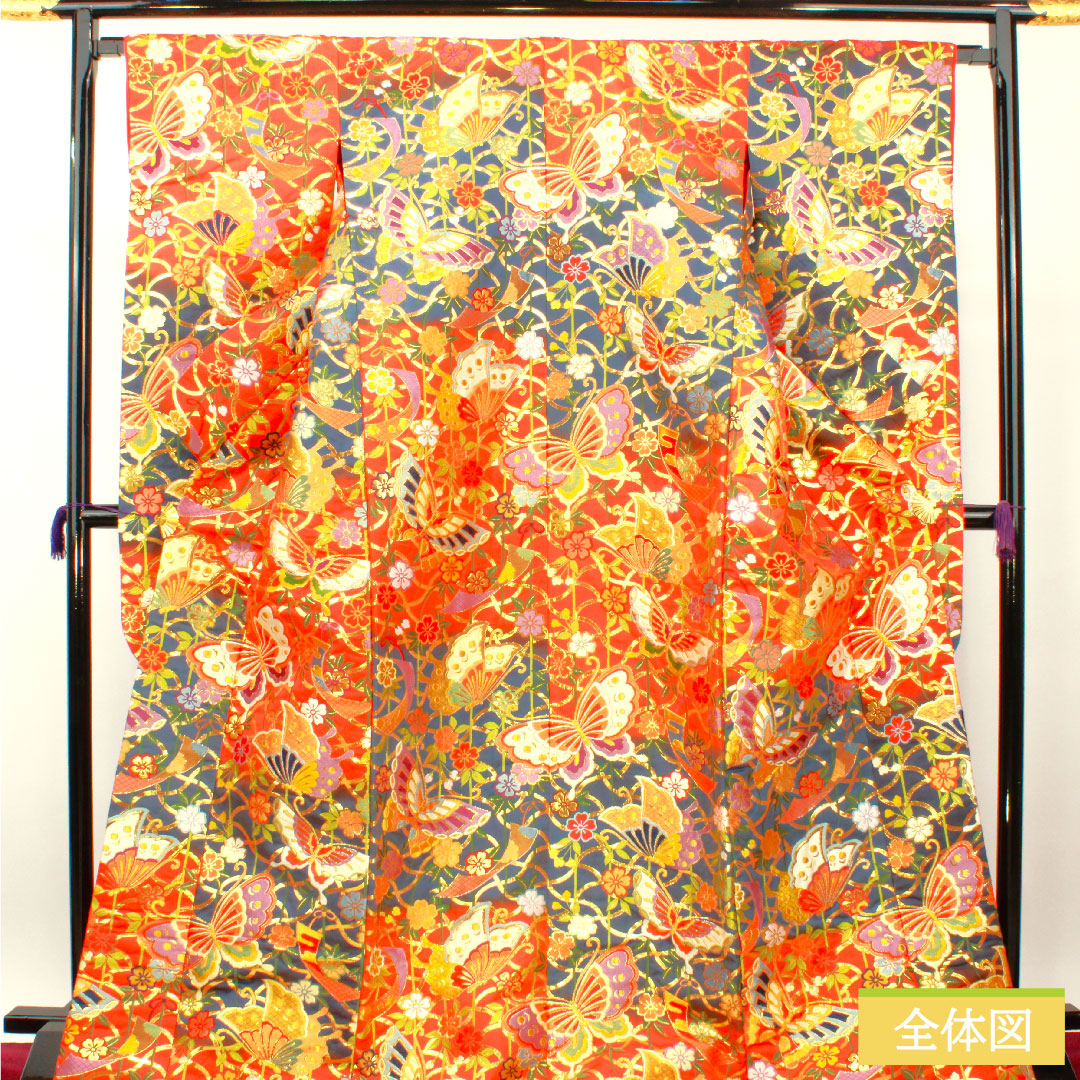 Colored uchikake, pure silk, length 192cm, sleeve length 66cm, scarlet, Karaori, butterfly, floral pattern, S rank, lined, vermilion, 1110000872916