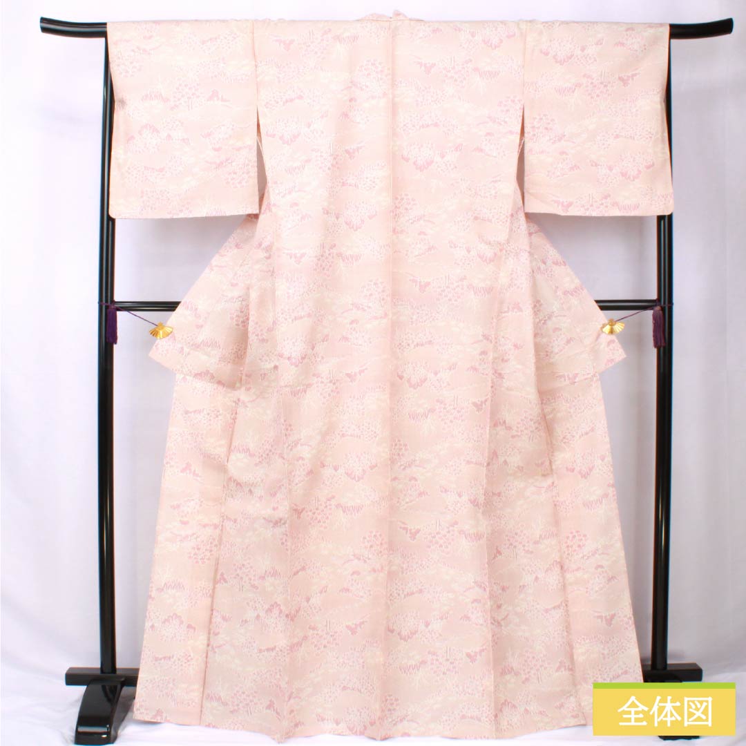 Pure silk tsumugi kimono, length 169.5cm, sleeve length 67cm, light purple (asa-kimono) color, landscape pattern, S rank, single layer, pink, product code 1116003822513
