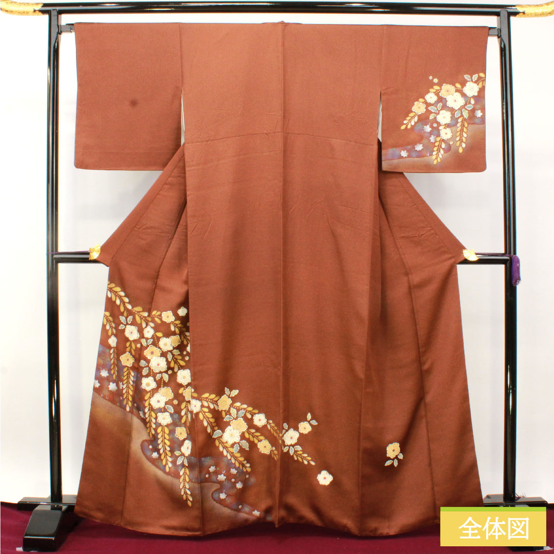 Homongi, pure silk, lined, length 163.5cm, sleeve length 68cm, chestnut color, Tsujigahana, one crest, Nakainkenkatabami, A rank, brown, 1112004913414