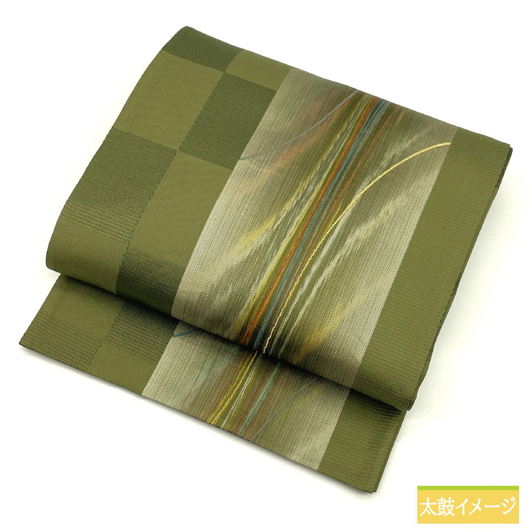 Fukuro Obi (Sash) - Pure Silk, S-Rank, Willow Brown (Yanagi-chairo) - Shoba Weave, Spectrum, Traditional Japanese Kasuri Pattern, Length 436cm, Six-Ply, Casual, Green, Item Number 1123016552319