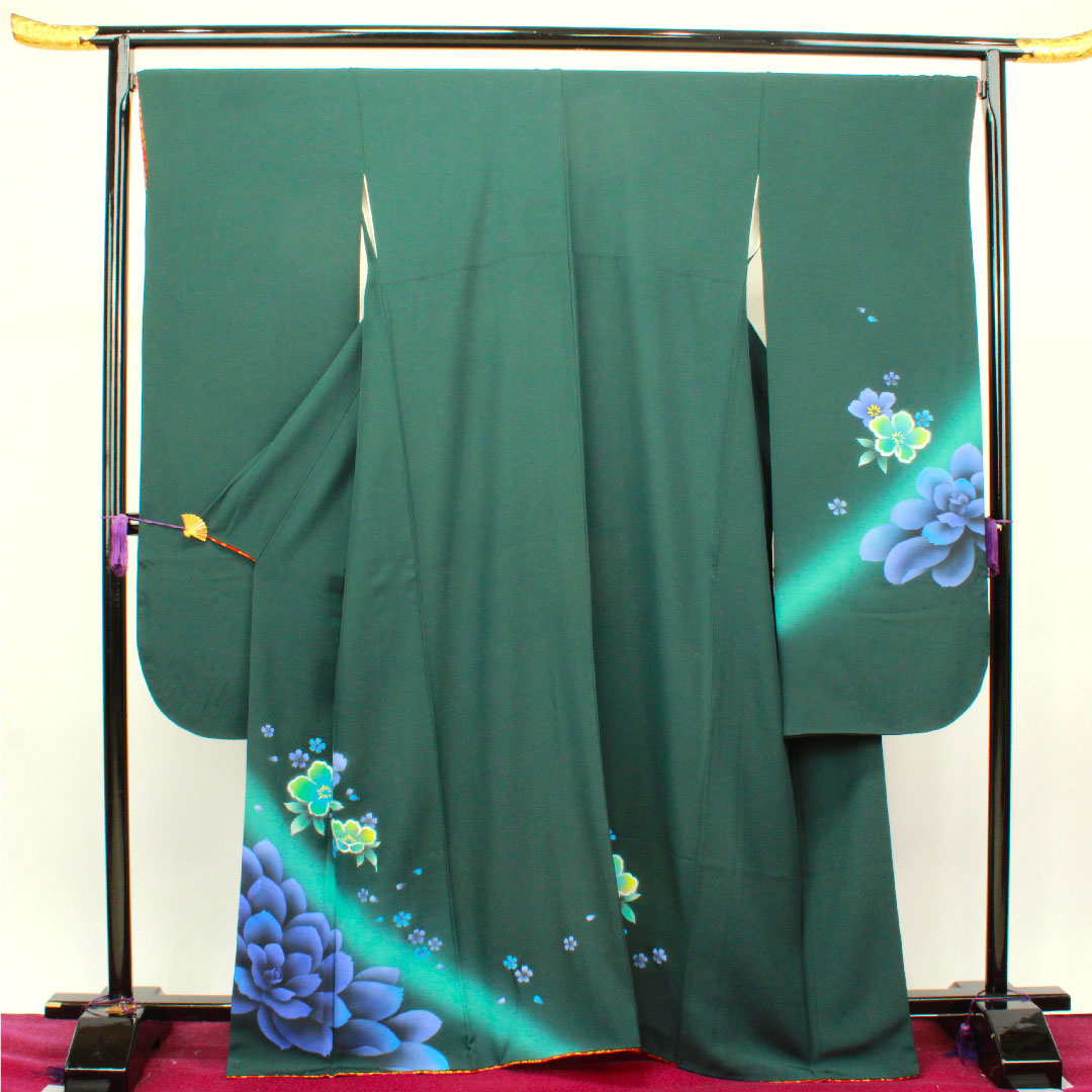 振袖 身丈165cm 裄丈70cm 袷  鉄色 京友禅 花模様  正絹 Aランク 緑系 1113001563519