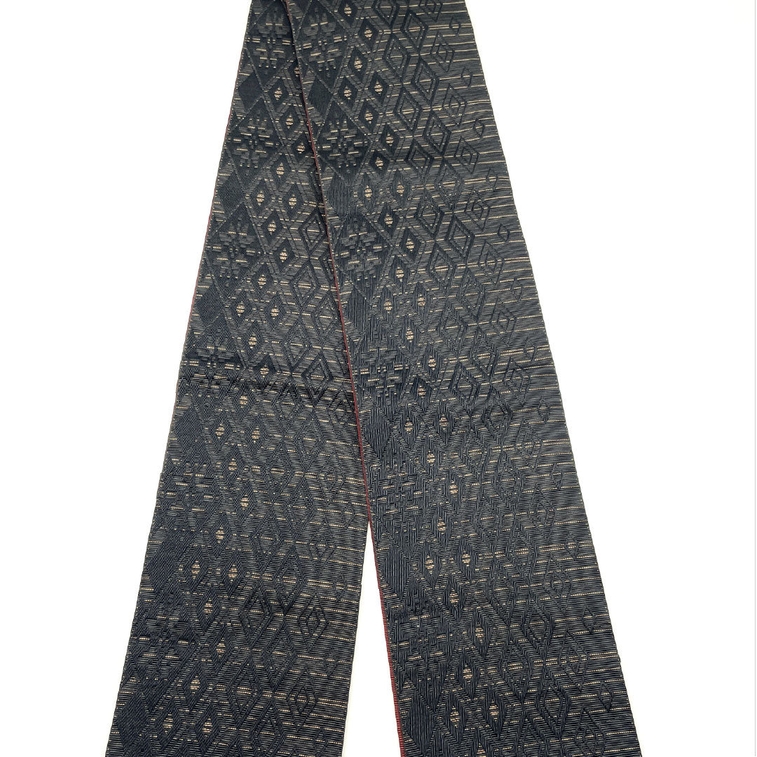 (New) Han-haba Obi (Half-width Obi) Polyester NEW Rank Black Deep Saffron Reversible Diamond Floral Pattern Obi Length 400cm Black Series 1125002641410