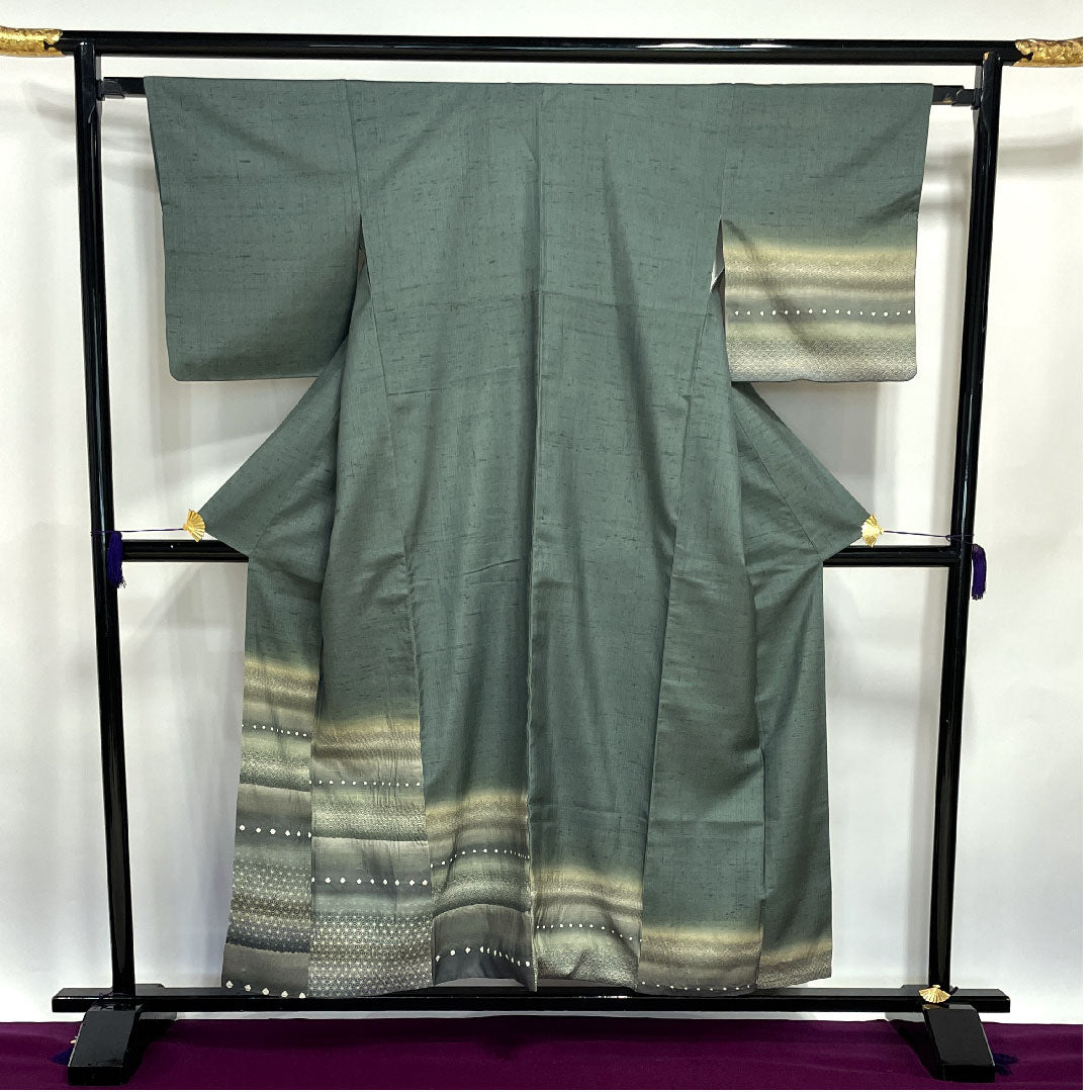 Homongi (formal kimono) Length 156cm Sleeve length 64cm Chigusa gray Tsumugi fabric Shibori Pure silk S rank Green 1112001992319