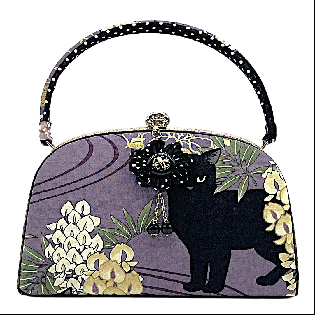 和装バッグ カジュアル NEWランク 鳩羽色（はとばいろ） 黒猫 藤 花柄 紫系 113900135120