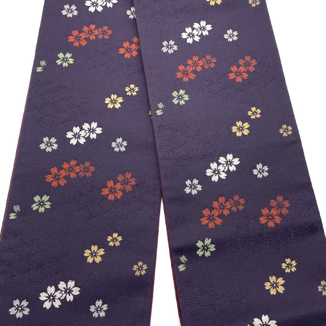 【未仕立】半幅帯 ポリエステル Sランク 深紫色（ふかきむらさきいろ） 桜     帯丈388cm 紫系 1125002132320