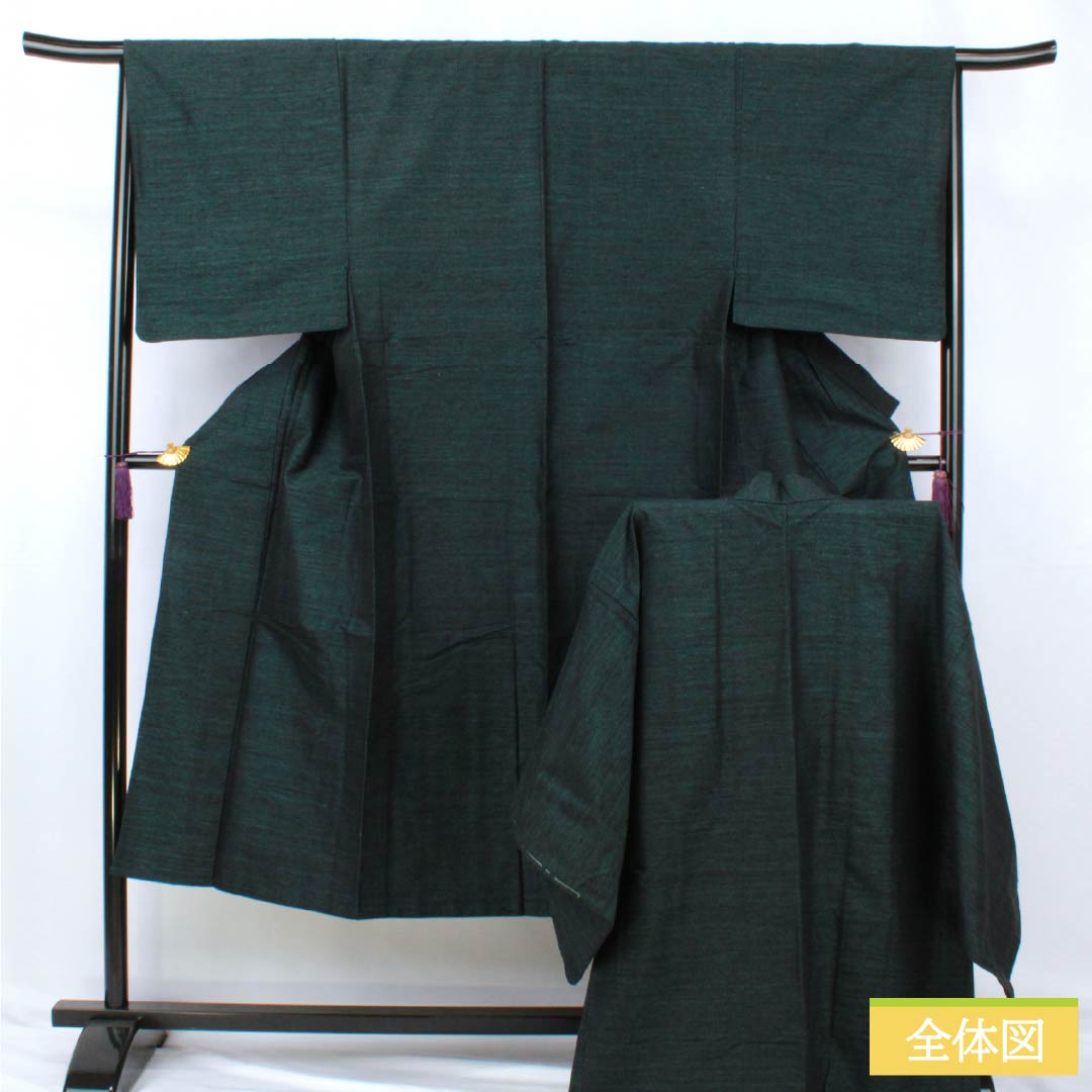 Men's Pure Silk A-Rank Kimono, Length 139cm, Sleeve Length 66cm, Korai Nando-iro (Korainando-iro) Tsumugi Fabric Ensemble, Abstract Pattern, Single-Layer, Green, Product Number: 1119001333319