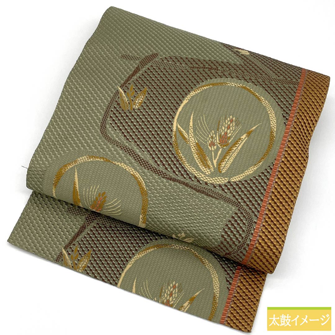 Nagoya Obi, Pure Silk, S-Rank, Aoyagi Nezuiro (Aoyagi Gray), Floral Pattern, Hakata-ori, Length 358cm, Six-Ply, Casual, Green, Product Number 1124009512319, Nagoya Style