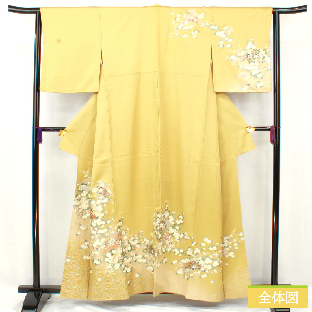Homongi, pure silk, lined, length 156.5cm, sleeve length 63cm, faint yellow, Kyoto Yuzen, cherry blossom, chrysanthemum, bush clover, A rank, yellow, 1112005243323