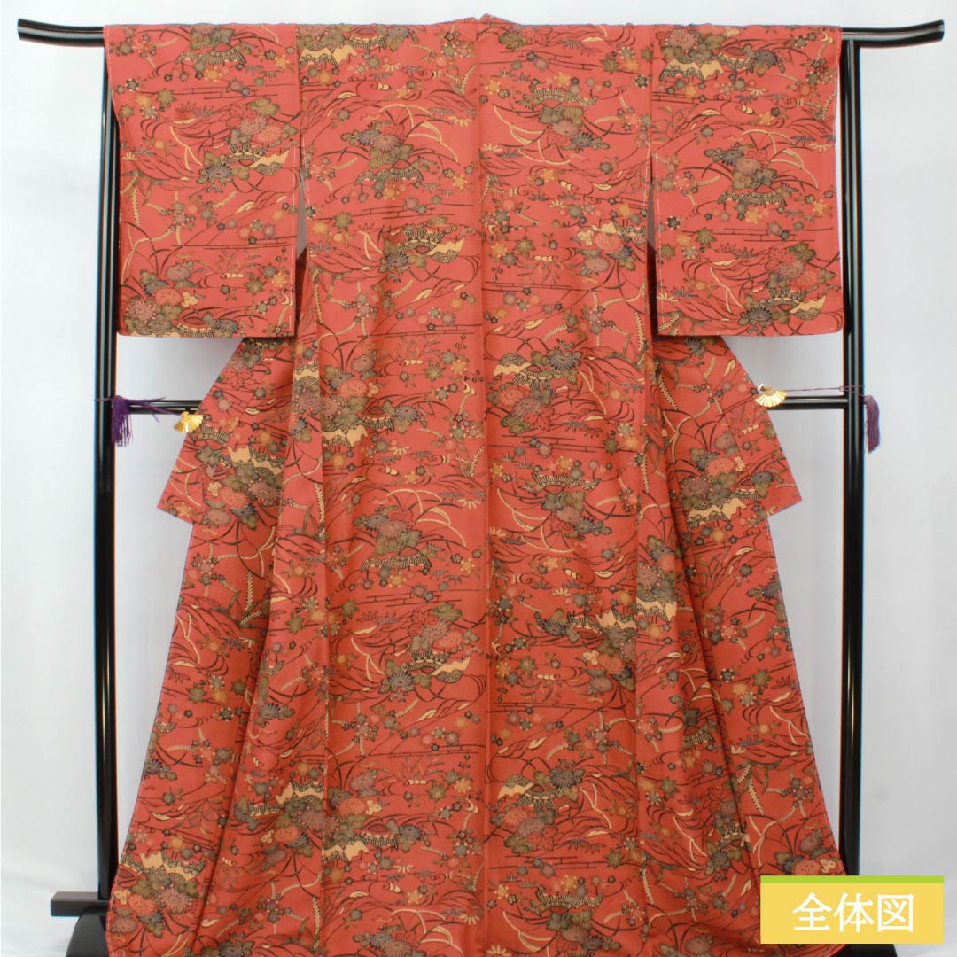Small-patterned kimono, polyester, S rank, length 169.5cm, sleeve length 67cm, lined, scarlet copper (hidoushoku) color, stencil-dyed floral pattern, with basting thread, washable, brown, 1115007112514