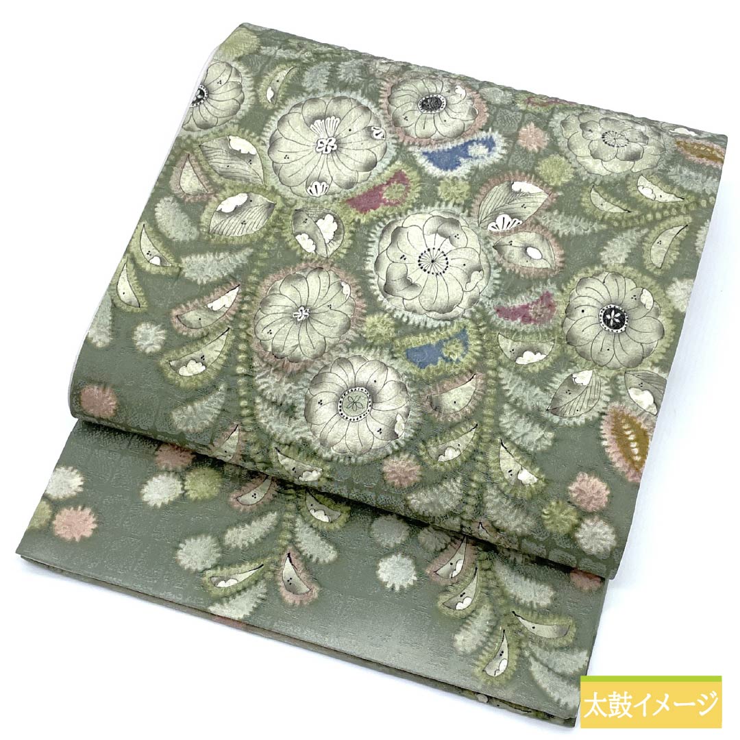 袋帯 正絹 青柳鼠色（あおやなぎねずいろ） 絞り 辻ヶ花 帯丈442cm Sランク ポイント柄 セミフォーマル 緑系 1123014842319