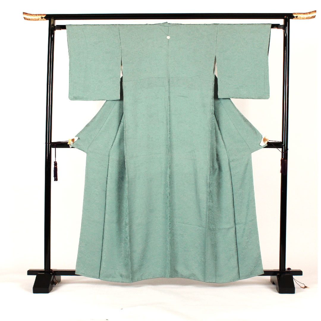 Plain color, Kotobukiori, Temple scenery pattern, Sword and katabami, Length 162cm, Sleeve length 64cm, Lined, Pure silk, S rank, Blue, 1114000302317