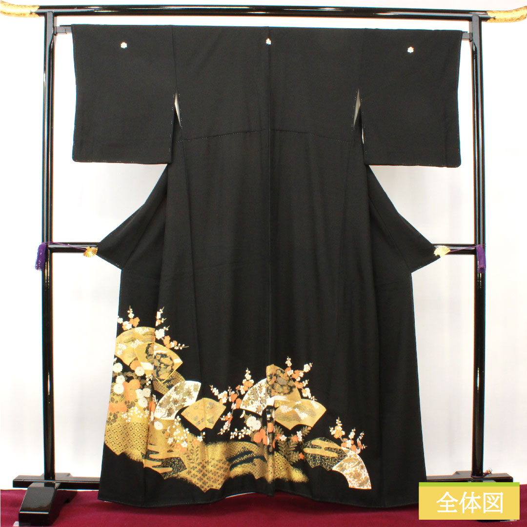 Black formal kimono, pure silk, length 161cm, sleeve length 67cm, lined, Kyoto Yuzen, auspicious pattern, five crests, S rank, five crests, black, 1111001272410
