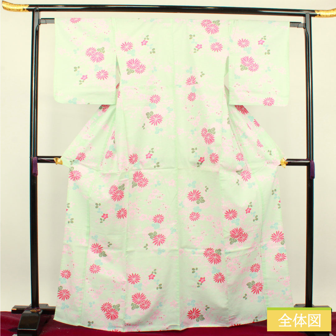 Yukata Cotton Length 168.5cm Sleeve length 64cm S rank Single layer Greenish white-green Chrysanthemum Cherry blossom Bush clover 1118004682519