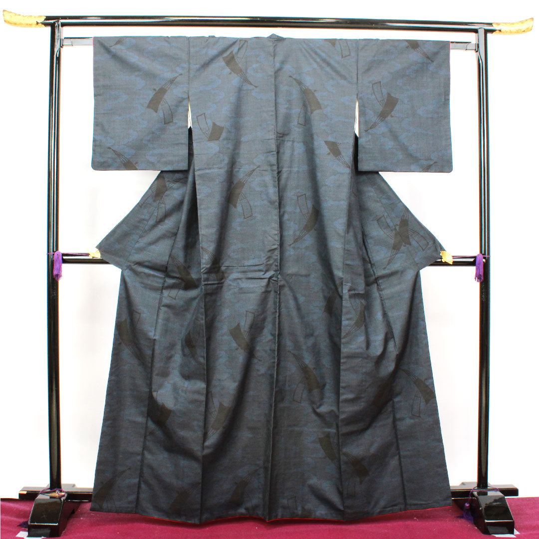 Oshima Tsumugi, Length 164cm, Sleeve length 62cm, Warp and weft ikat, Fan, Pure silk, A rank, Lined, Navy blue, 1116002623418