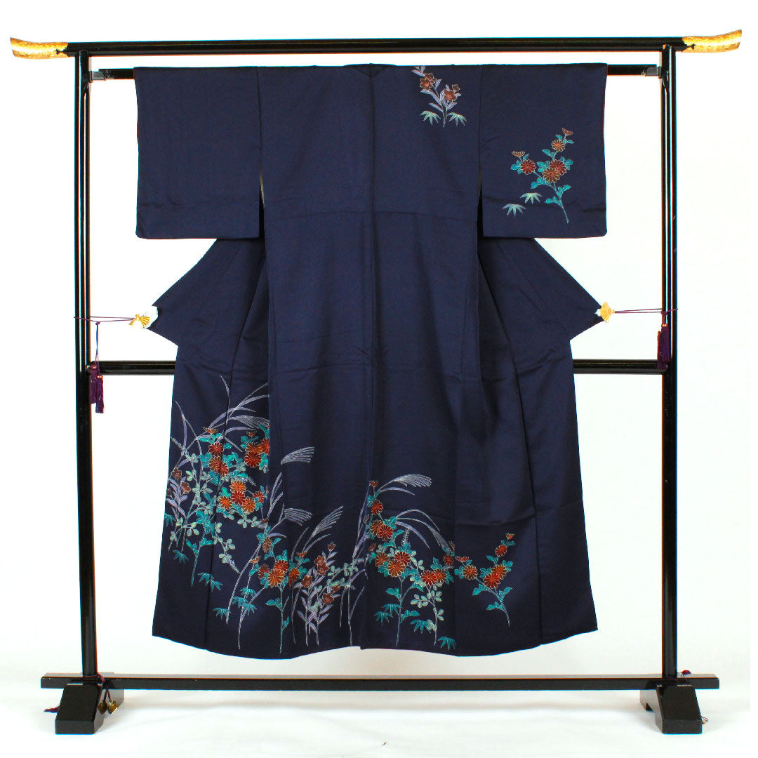 訪問着 袷 身丈150cm 裄丈59.5cm 四季の花 正絹 Aランク 紺系 1112001083118