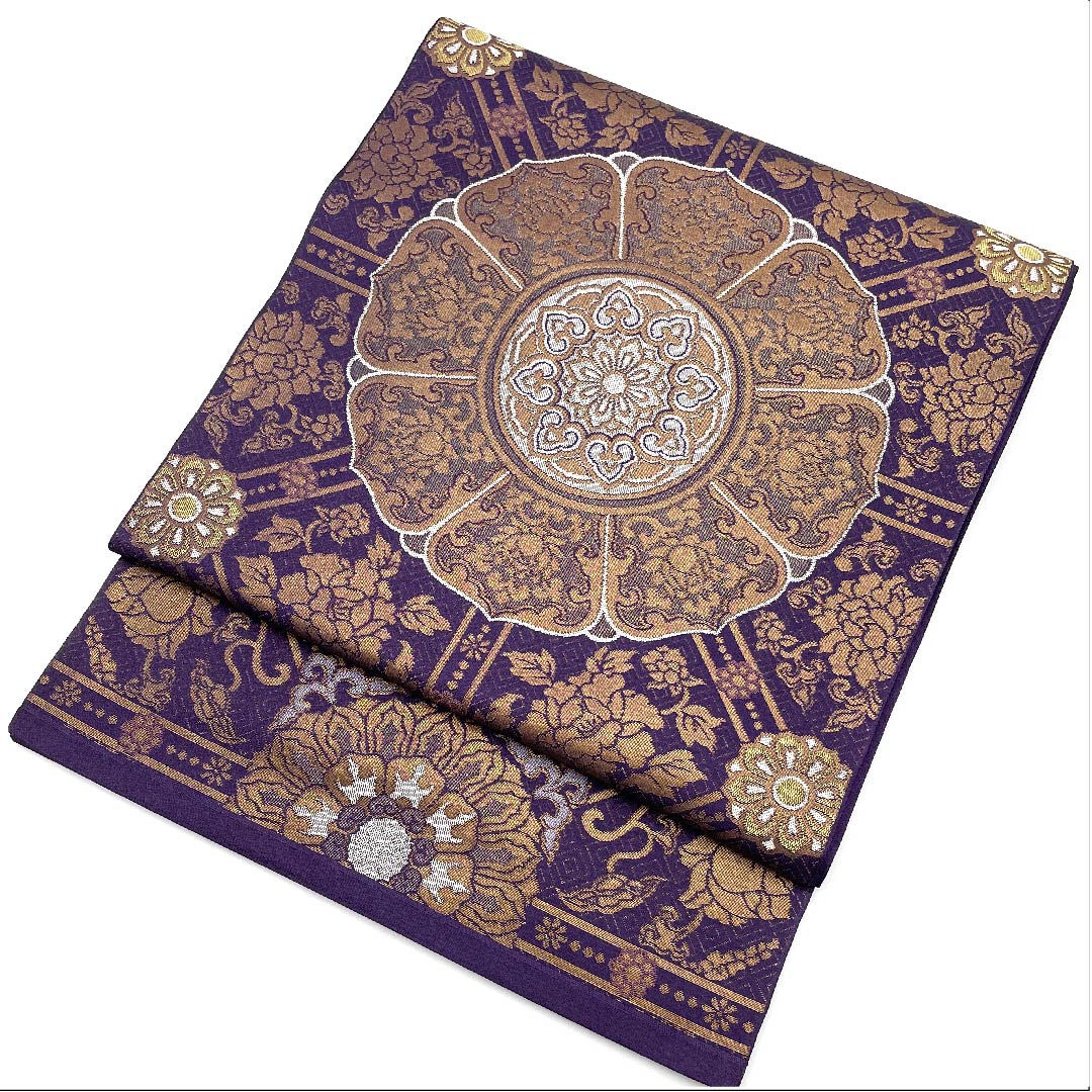袋帯 葡萄紫色（ぶどうむらさきいろ） 華文 幾何学模様 帯丈428cm 正絹 Aランク 六通 フォーマル 紫系 1123006983320