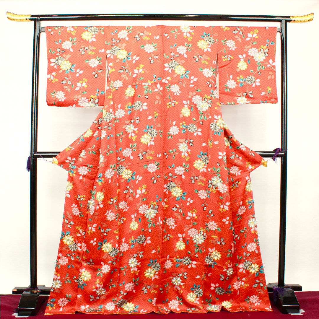 小紋 身丈175cm 裄丈65cm 袷  しつけ糸付き 銀朱色 草花模様  正絹 Sランク 朱系 1115002772816