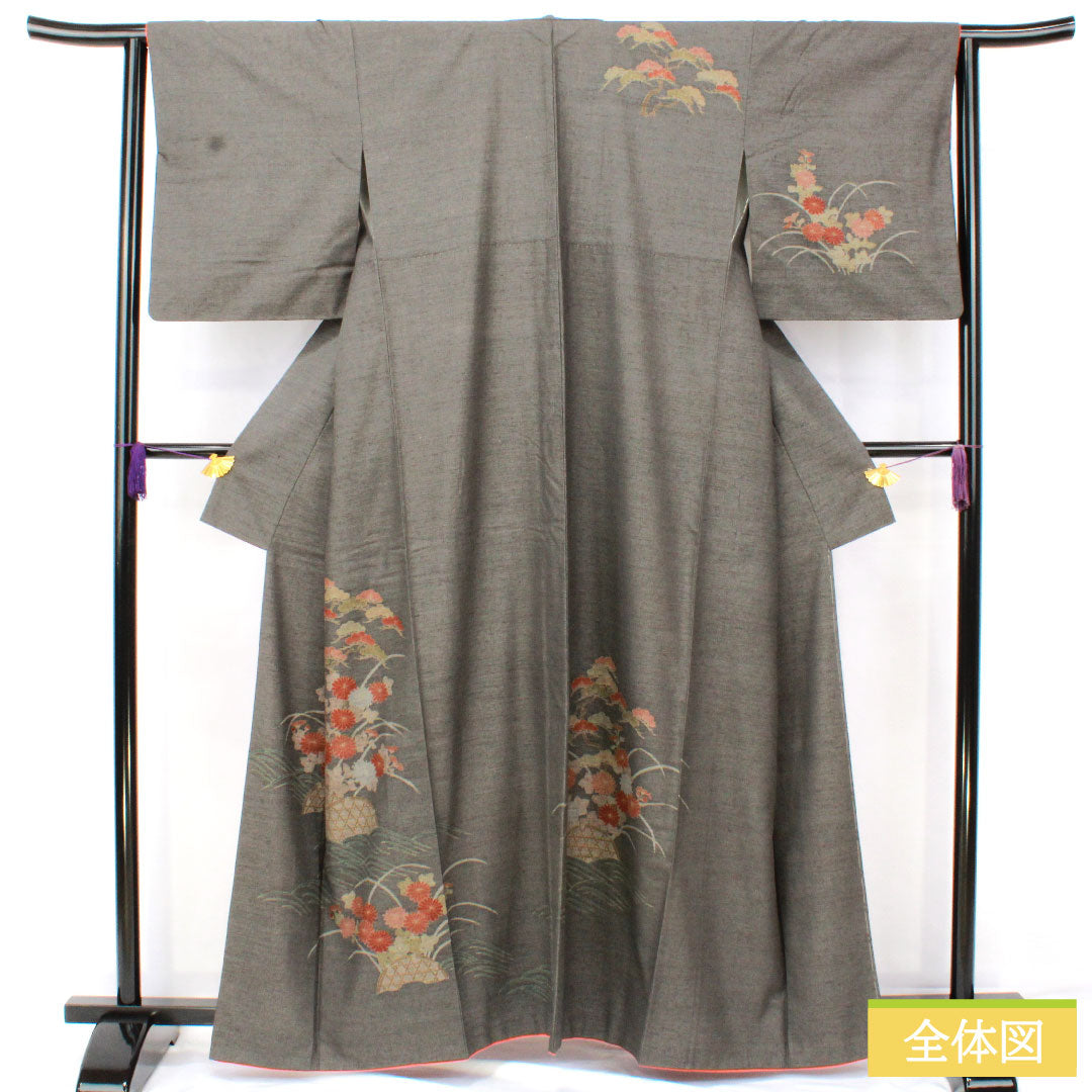 訪問着 正絹 袷 身丈160.5cm 裄丈63.5cm 熨斗目色（のしめいろ） 紬地 草花模様 Sランク グレー系 1112005442422