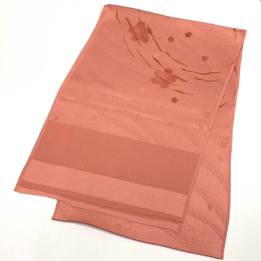 (New old stock) Formal obiage, pure silk, coral color, cherry blossom, new old stock, length 168cm, width 29cm, S rank, pink, 1136000182913