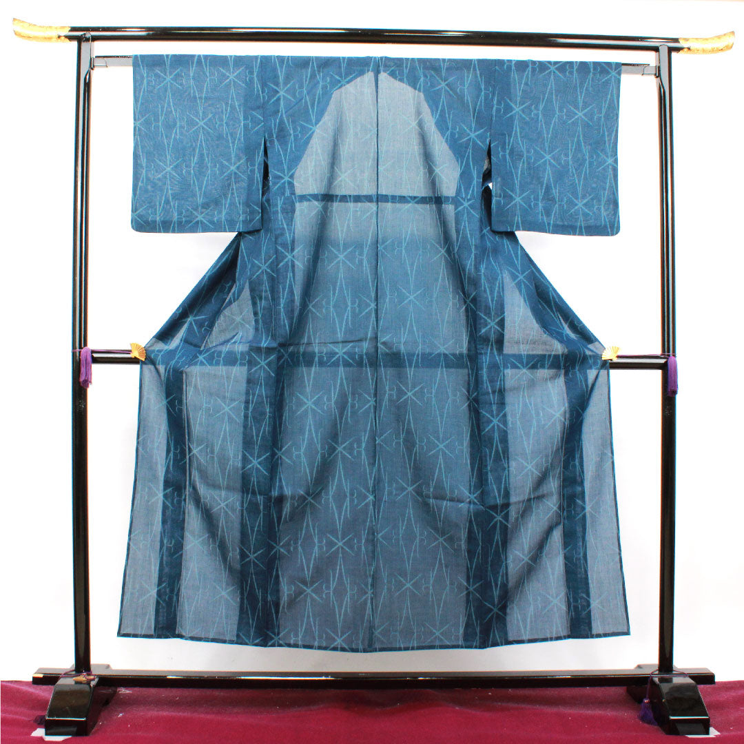 Summer wool tsumugi Length 153.5cm Sleeve length 61.5cm Back color (urai-ro) Geometric pattern Summer wool Gauze S rank Blue 1132001262217