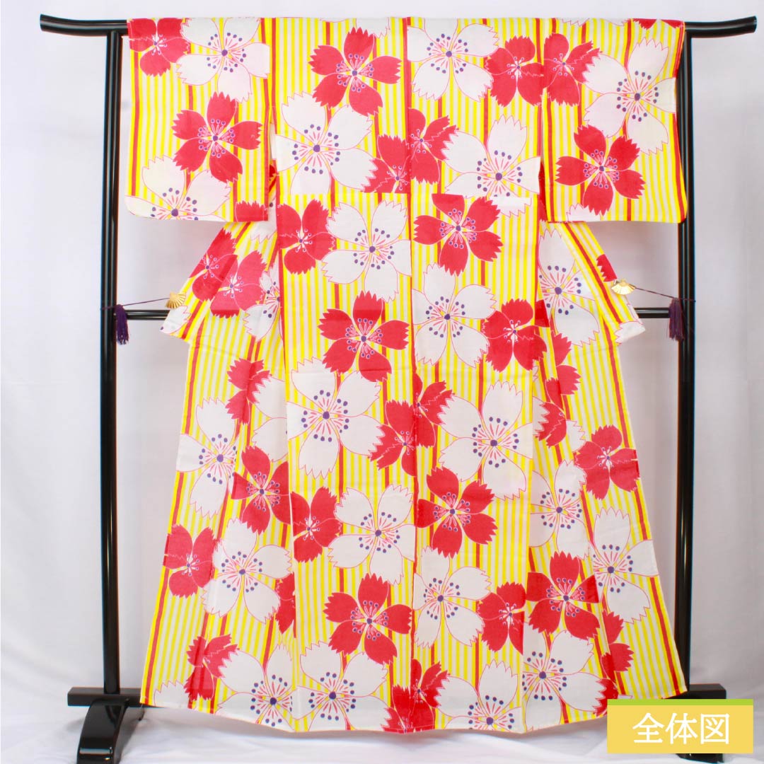 Cotton Yukata, Length 163cm, Sleeve Length 64cm, Rank A, Single Layer, Yellow, Pink, 1118006113423