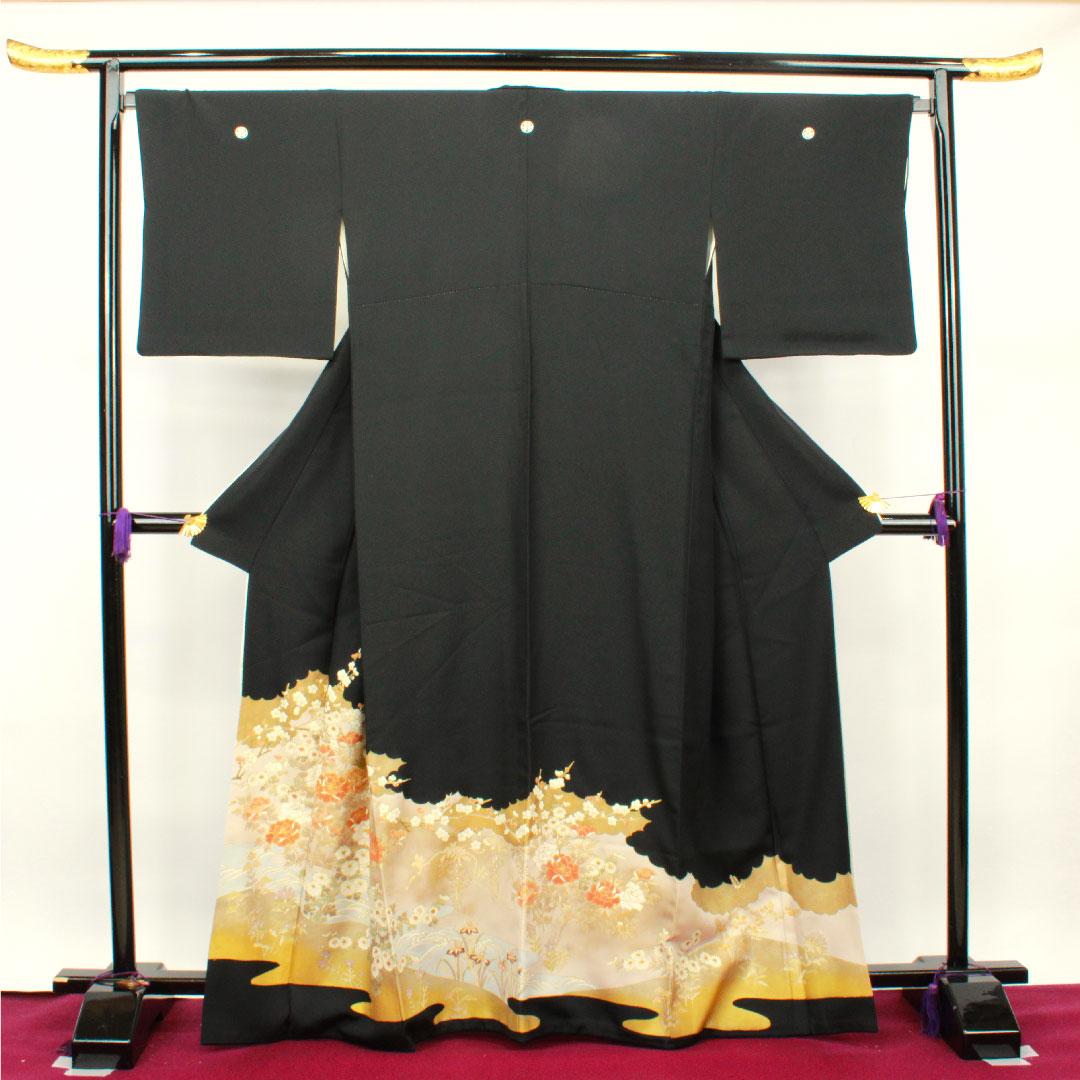 Black Tomesode, Length 166cm, Sleeve Length 66.5cm, Awase, Kyoto Yuzen, Floral Pattern, Katabami, Pure Silk, A Rank, Five Crests, Black, 1111000743510