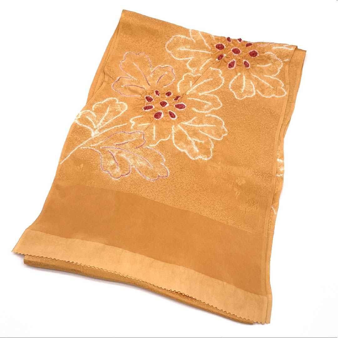 Obiage Silk A Rank Semi-formal Apricot Color Partial Shibori Flowers Length approx. 168cm Width approx. 28cm Orange system 1136002973926
