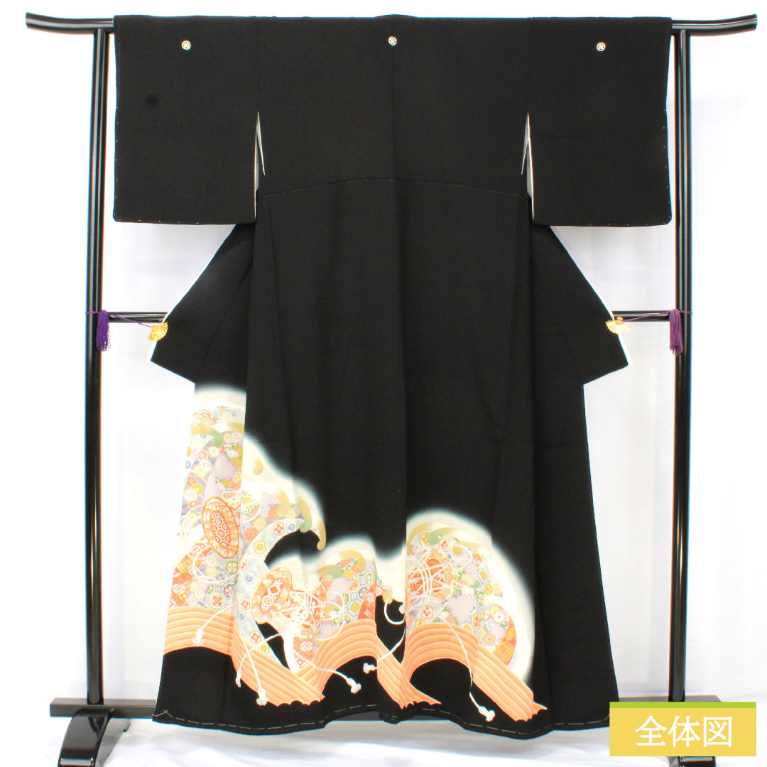 Black formal kimono, pure silk, length 157cm, sleeve length 62cm, lined, Kyoto yuzen, auspicious motif, five crests, circle with different arrow feathers, A rank, black, 1111001763310