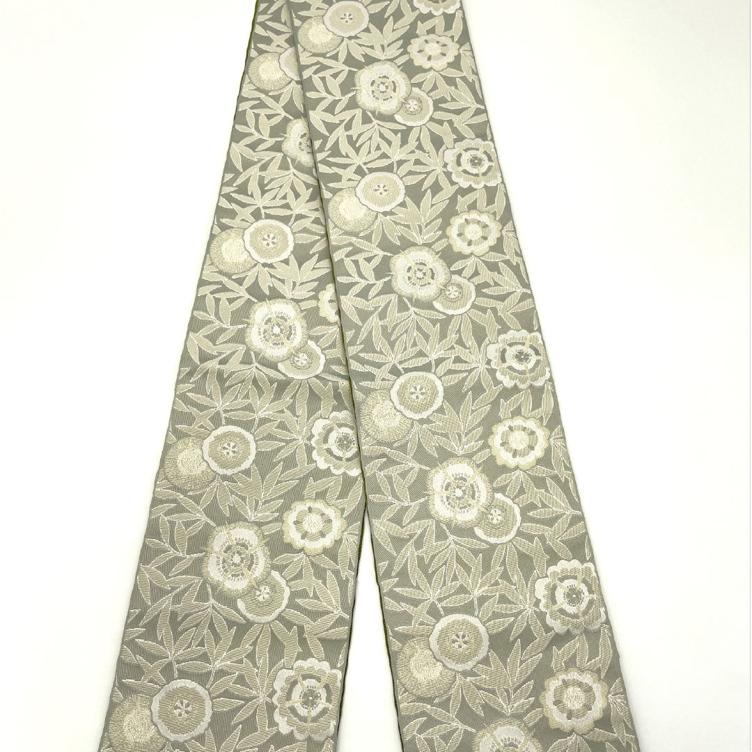 （新品）半幅帯 ポリエステル NEWランク 薄墨色（うすずみいろ） 麹塵色（きくじんいろ） 花柄 横段 リバーシブル 帯丈400cm グレー系 1125002421422