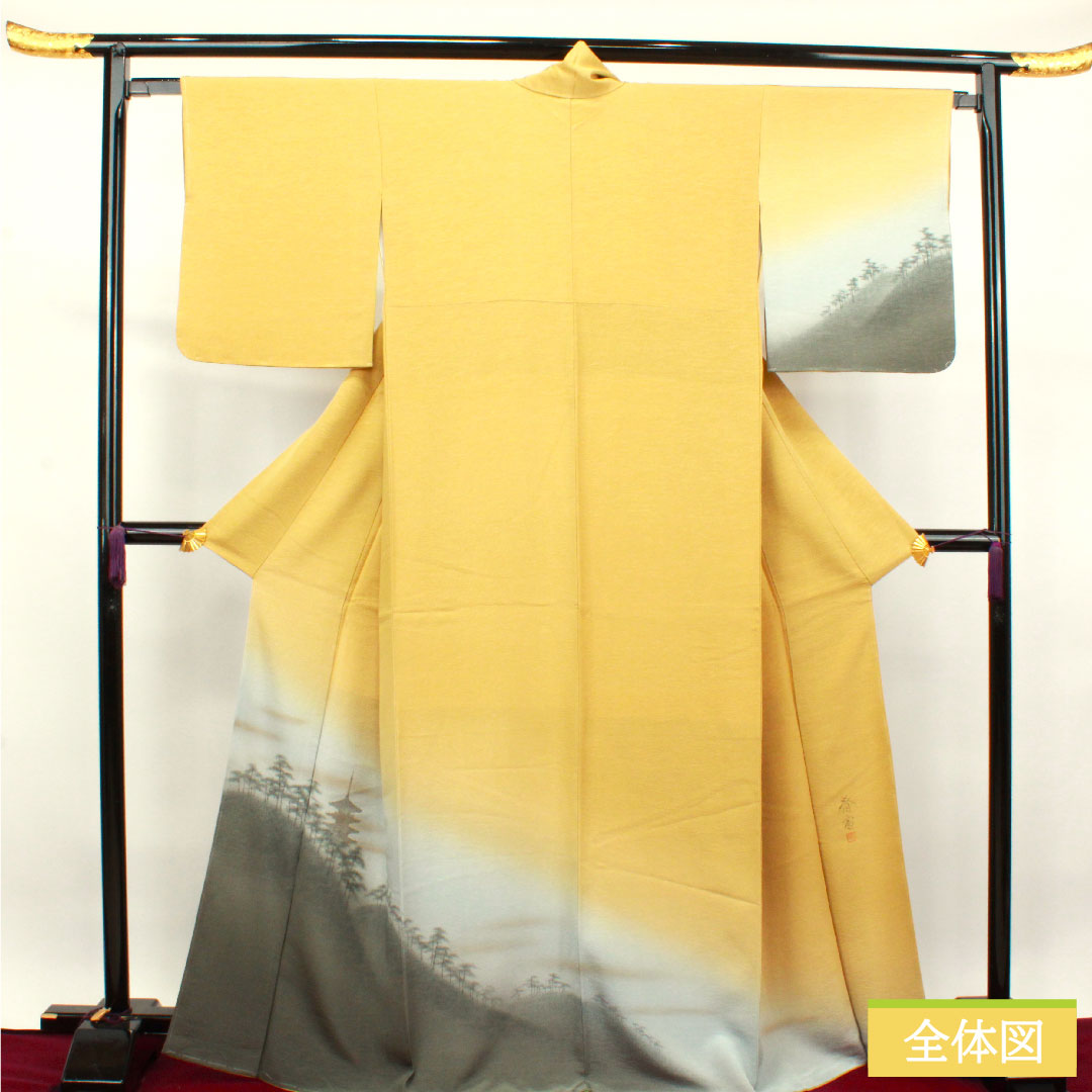Homongi, pure silk, lined, length 167cm, sleeve length 64cm, plum color, landscape pattern, artist's work, basting thread included, unused, S rank, yellow, 1112003382523
