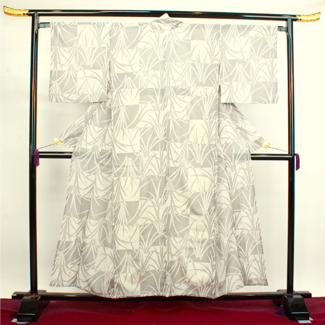 Summer kimono, polyester, small pattern, length 155cm, sleeve length 65.5cm, light ink color, checkered pattern, abstract pattern, washable kimono, gauze, B rank, gray 1132000804322