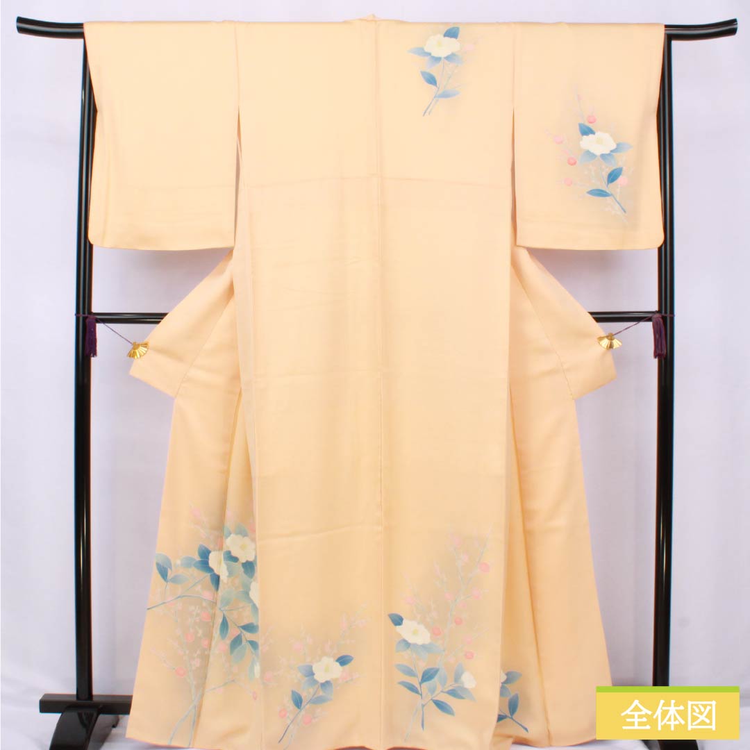 Visiting Kimono, Pure Silk, Grade A, Lined, Length 166.5cm, Sleeve Length 62.5cm, Light Persimmon, Kyoto Yuzen, Camellia, Orange, Item Number 1112006363526