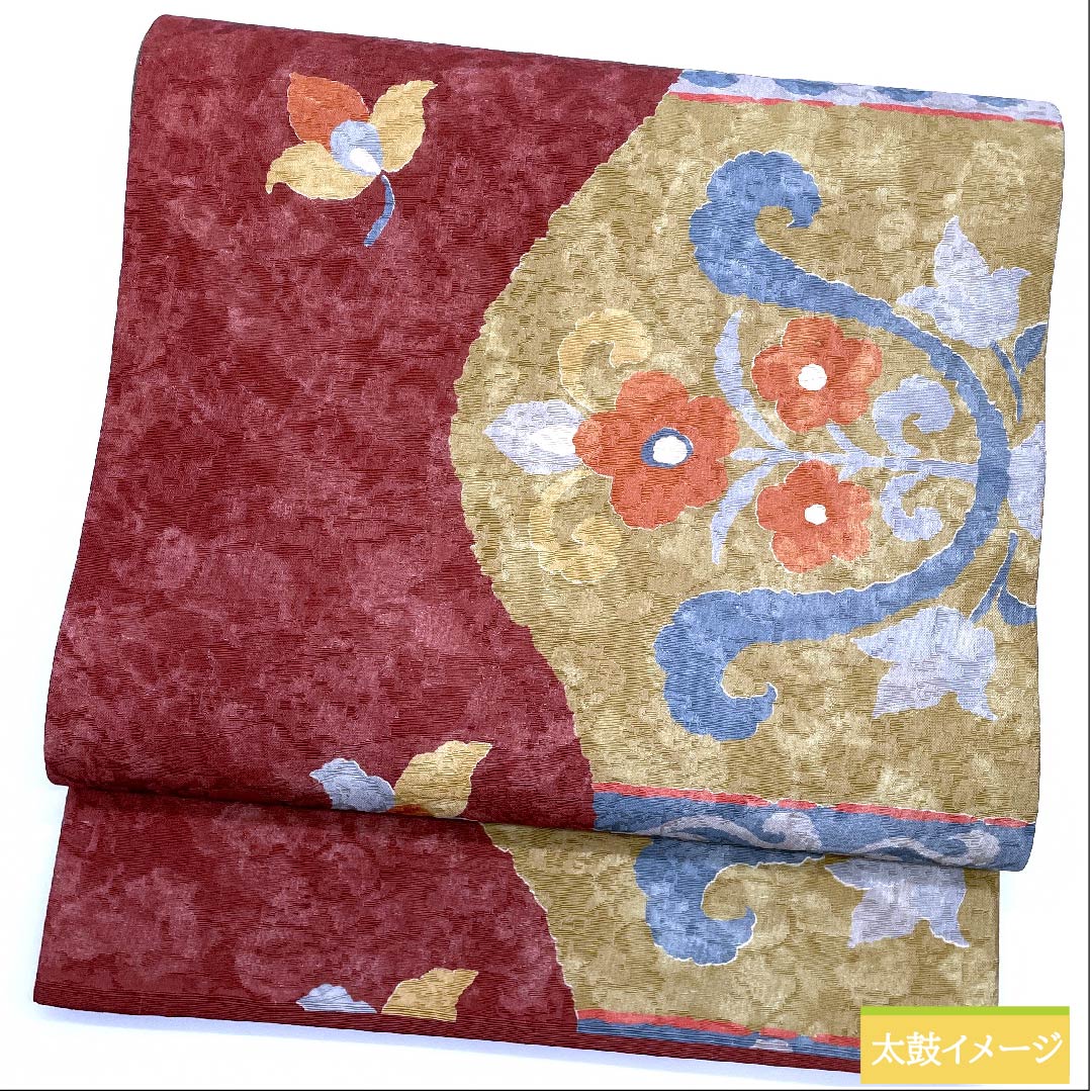 Nagoya obi, Kyoto bag obi, oxblood red, Kyoto bag obi, horizontal stripes, Chinese flowers, staggered stripes, obi length 374cm, pure silk, S rank, six-pass, casual, vermilion, 1124005912316, open style