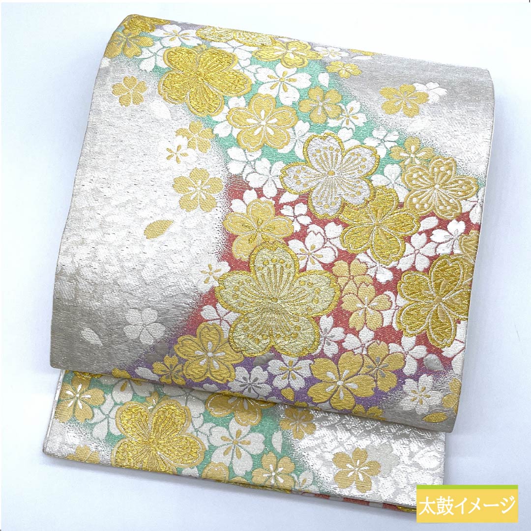Fukuro Obi (Sash) - Pure Silk, Silver-White Color, Cherry Blossoms, Length 450cm, A Rank, Six-Way, Formal, Silver, 1123012133422