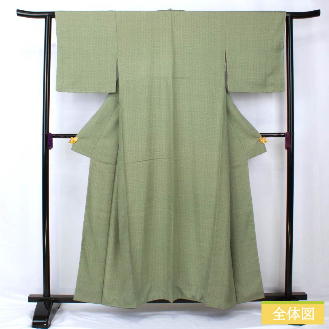 小紋 正絹 身丈157cm 裄丈62cm 袷 岩井茶色（いわいちゃいろ） 型染 江戸小紋 麻の葉模様 しつけ糸付き Aランク 緑系 1115005323319