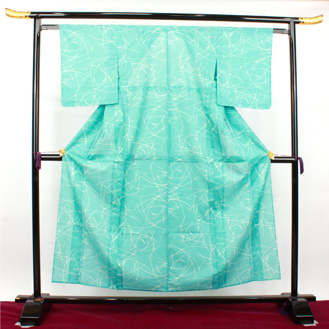 Summer kimono, polyester, small pattern, length 154.5cm, sleeve length 61.5cm, light blue, washable kimono, geometric pattern, silk, S rank, light blue, 1132001722224
