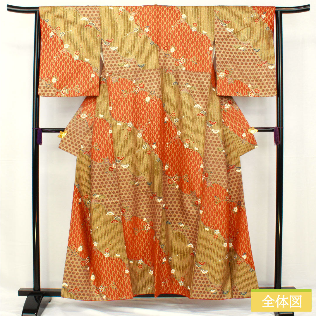 Homongi, pure silk, lined, length 157cm, sleeve length 63.5cm, Kyoto Yuzen, pine, bamboo and plum, S rank, brown, 1112005482314