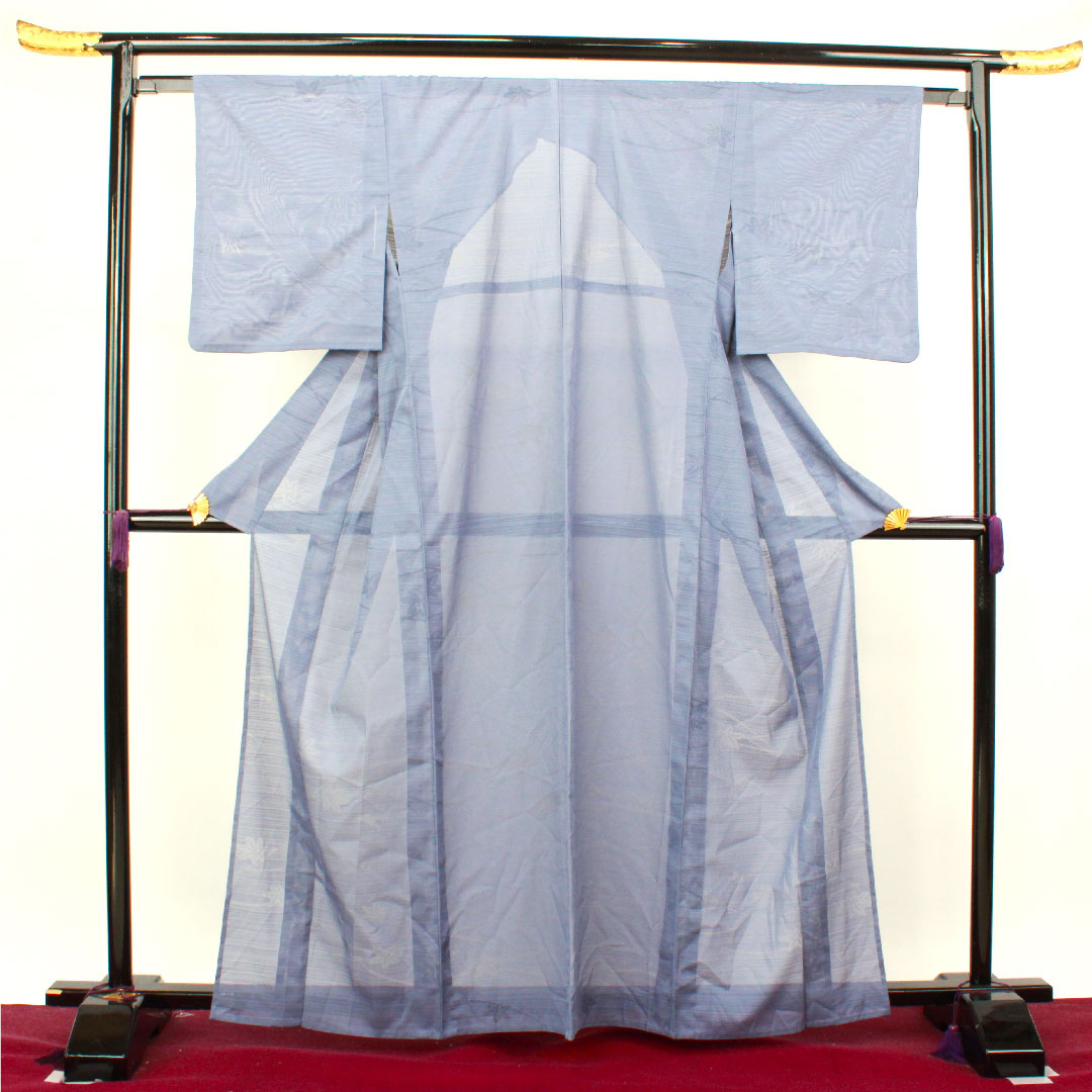 Summer kimono, polyester, plain color, length 163.5cm, sleeve length 62.5cm, Edo-nandou color, autumn leaves, washable kimono, silk, S rank, blue, 1132000852417
