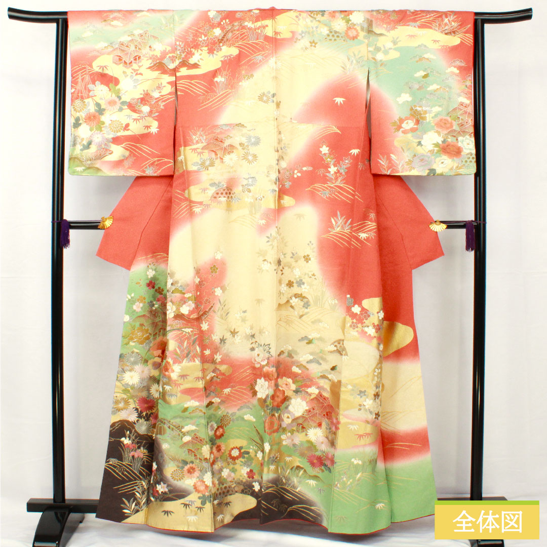 Homongi, pure silk, lined, length 160cm, sleeve length 63cm, coral color, Kyo-Yuzen, embroidery, auspicious pattern, A rank, pink, 1112005423413