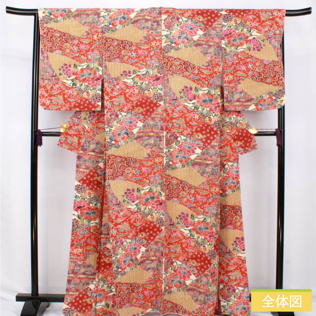 小紋 正絹 Sランク 身丈163cm 裄丈67cm 袷 京紅型 割付文様 紅型調 草花  グラデーション系 1115007342499