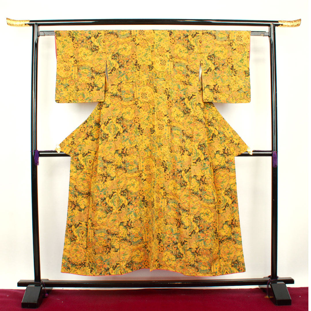 Komon, Length 151cm, Sleeve length 57cm, Awase, Ochre, Sarasa pattern, Pure silk, S rank, Yellow 1115002442223